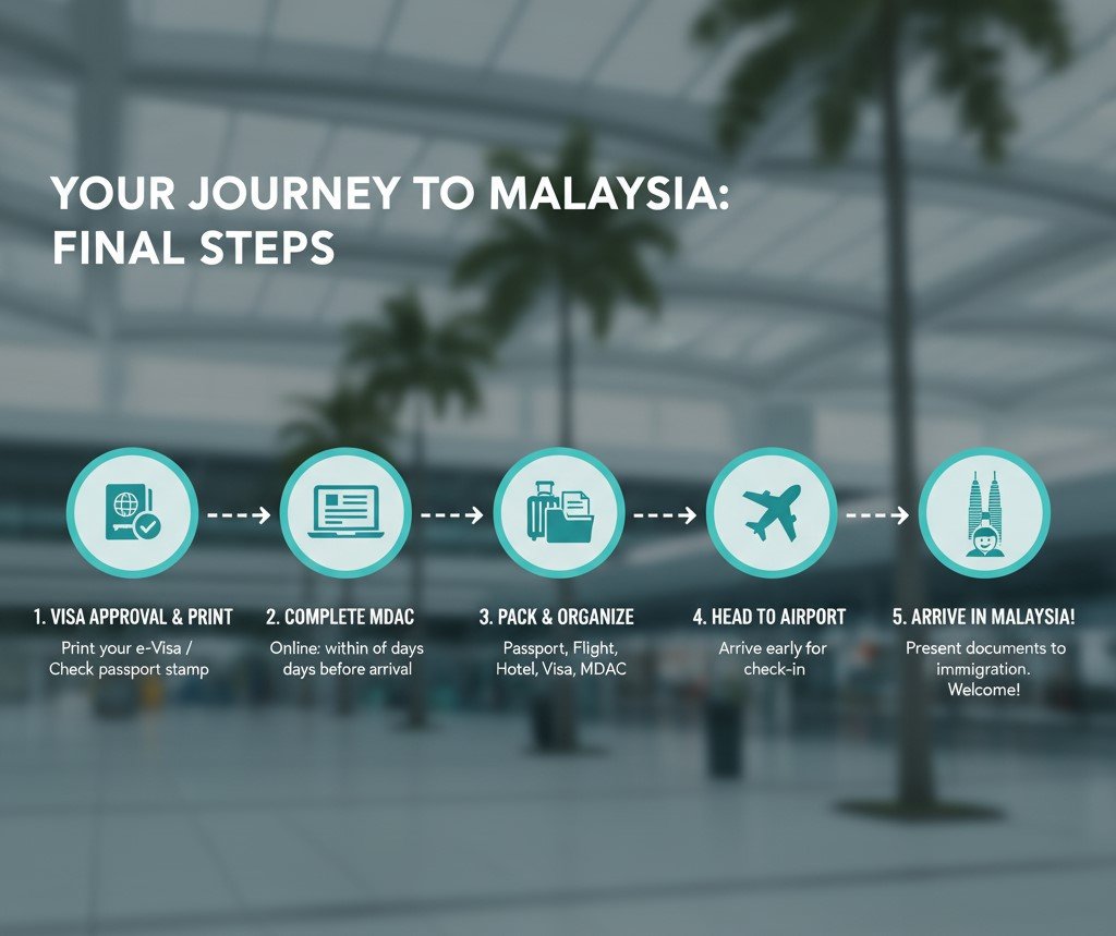 A timeline graphic showing the journey from visa approval to airport arrival, with icons for each step.