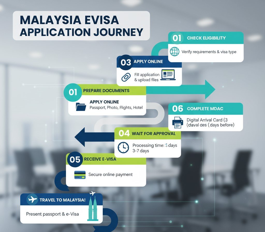 A vibrant flowchart or an infographic that visually maps out the entire application process, from gathering documents to receiving the visa.
