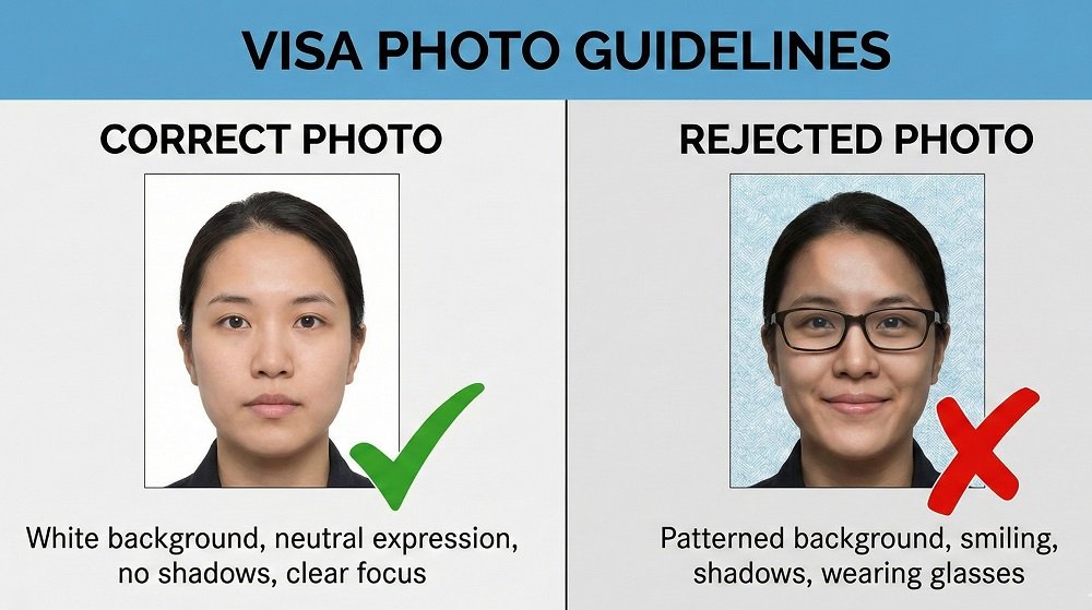 Infographic comparing a correct visa photo vs. a rejected photo side-by-side