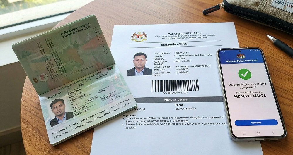 Photo of a printed eVisa next to a passport and a smartphone displaying the MDAC completion screen