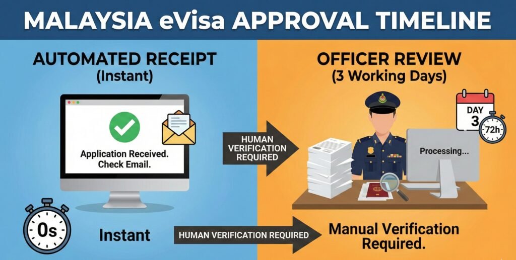 A split visual showing an Automated Receipt (Instant) vs Officer Review (3 Days) to manage expectations
