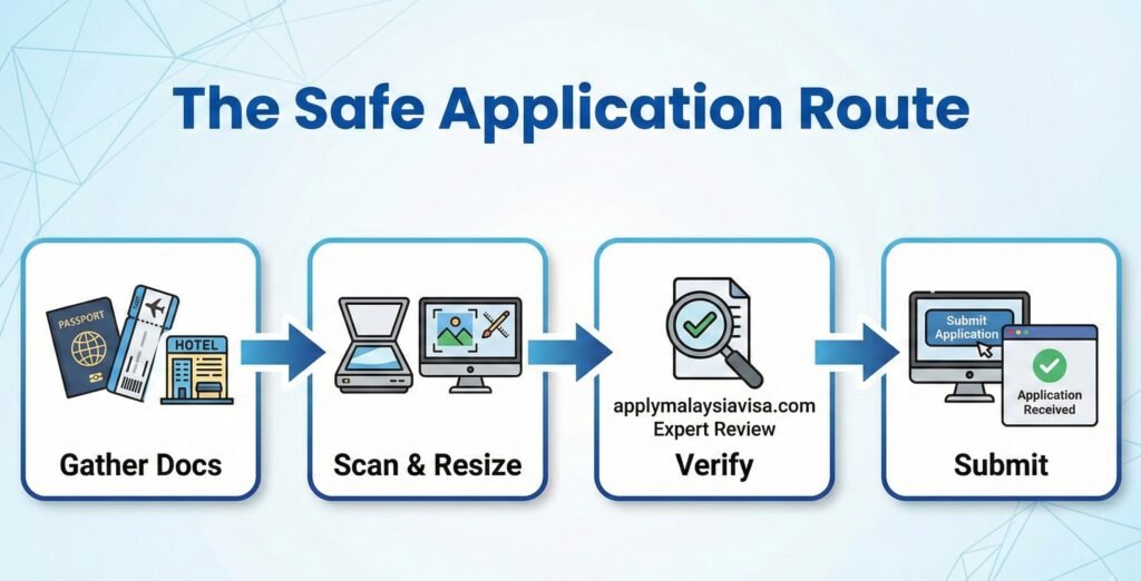 A flowchart titled "The Safe Application Route" showing steps: Gather Docs -> Scan & Resize -> Verify -> Submit