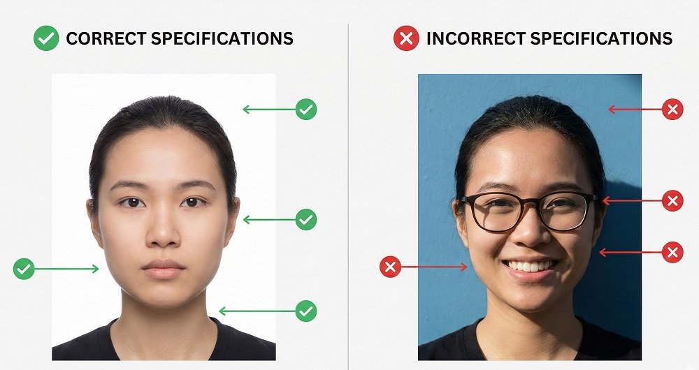 Diagram showing "Correct vs. Incorrect Photo Specs." Left side: Clear face, white background. Right side: Shadow on face, blue background, glasses on