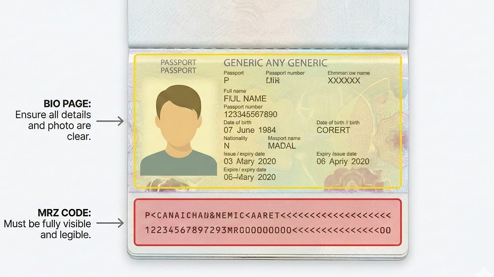 An annotated sample passport scan highlighting the "Bio Page" area and the "MRZ Code" zone at the bottom