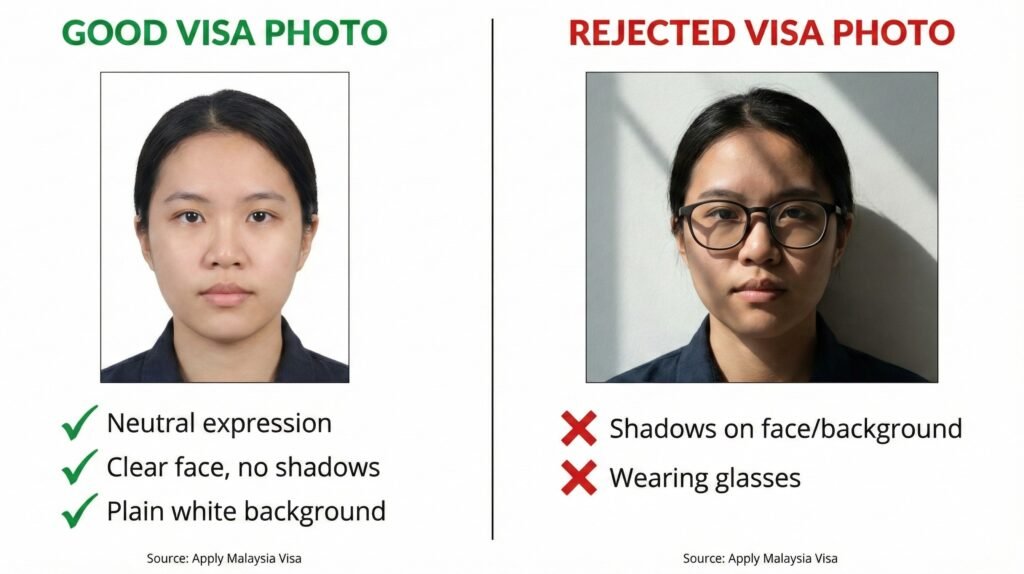 Side-by-side comparison of a Good visa photo vs a Rejected one (showing shadowsglasses)