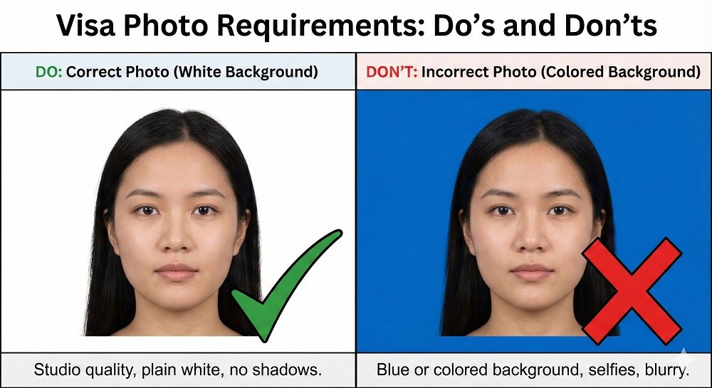 Diagram showing "Do's and Don'ts" – Left side showing a correct white-background photo with a green check; Right side showing a blue-background photo with a red X