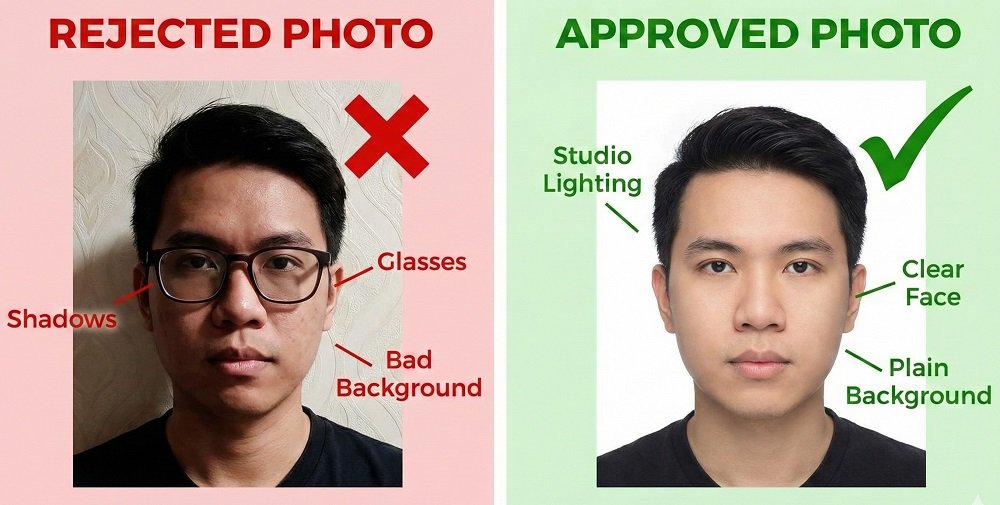 Split screen comparison. Left side: "Rejected Photo" (shadows, glasses). Right side: "Approved Photo" (studio lighting, clear face). Annotated with pass/fail markers