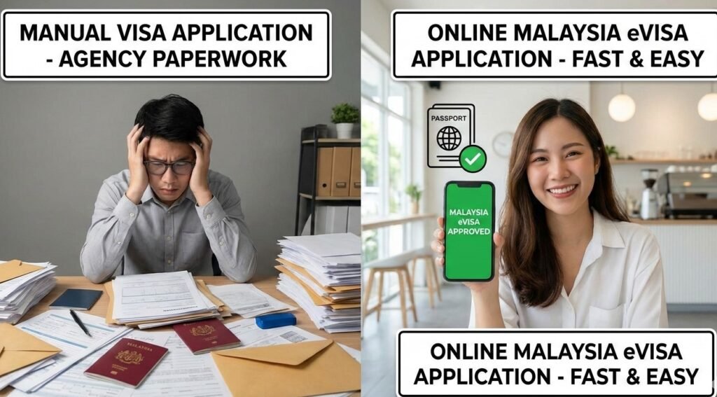 Comparison of manual visa application versus online Malaysia eVisa application for Bangladeshi tourists. Left side shows agency paperwork; right side shows a happy person with a smartphone
