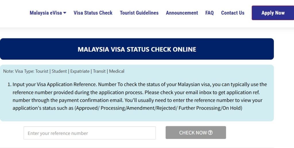 official Malaysia eVISA portal showing the Check Status