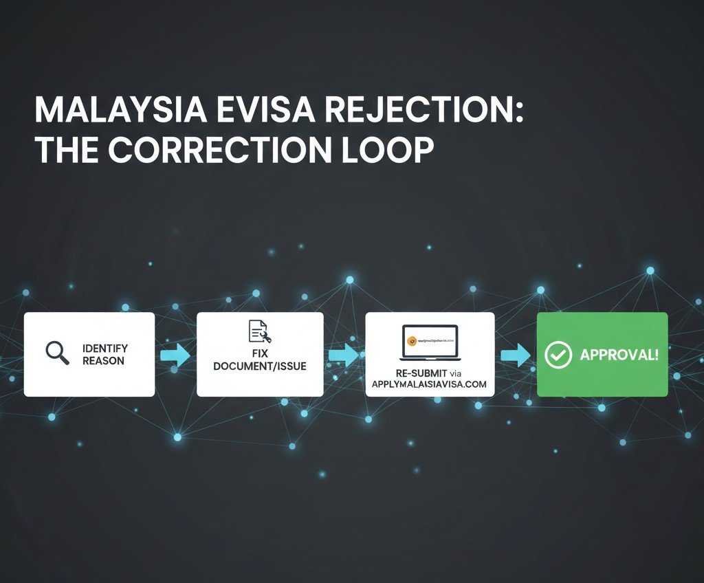 A flowchart showing the Correction Loop Identify Reason - Fix Document - Re-submit via applymalaysiavisa.com - Approval