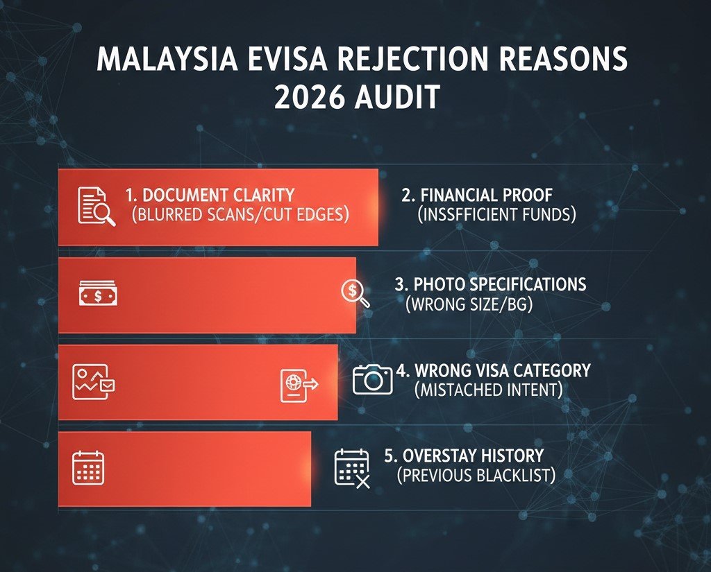 A heatmap chart showing the top 5 reasons for Malaysia eVisa rejection in 2026