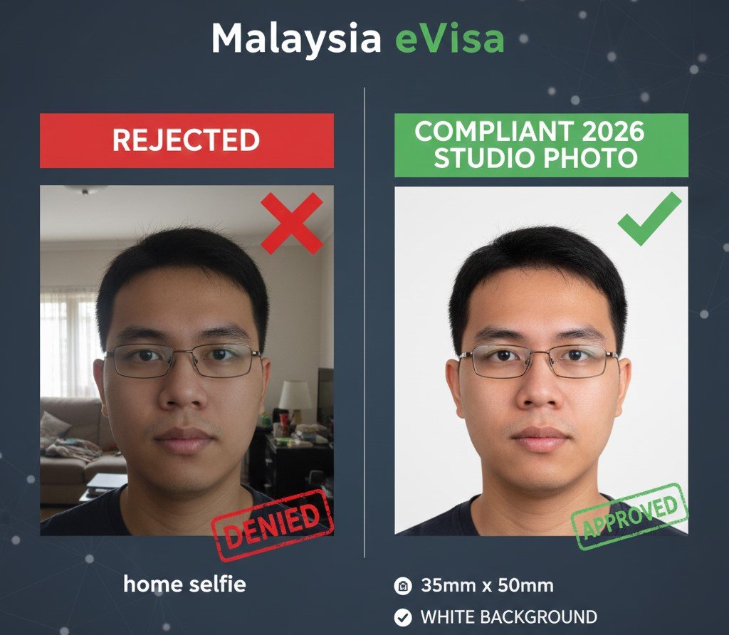 A side by side comparison of a rejected home selfie vs. a compliant 2026 studio photo
