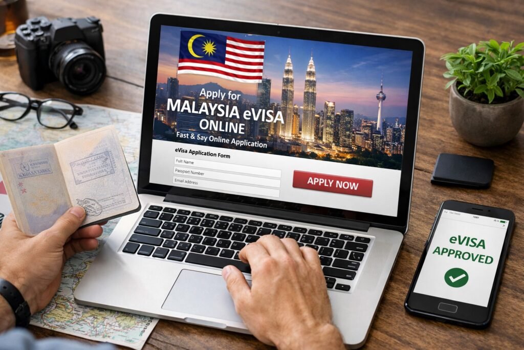 Person applying for Malaysia eVisa online on laptop with Kuala Lumpur skyline and Malaysian flag in background