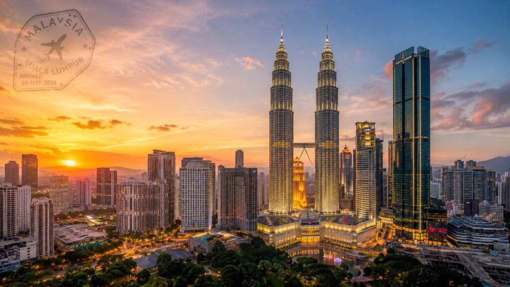 Kuala Lumpur sunset skyline with stamp